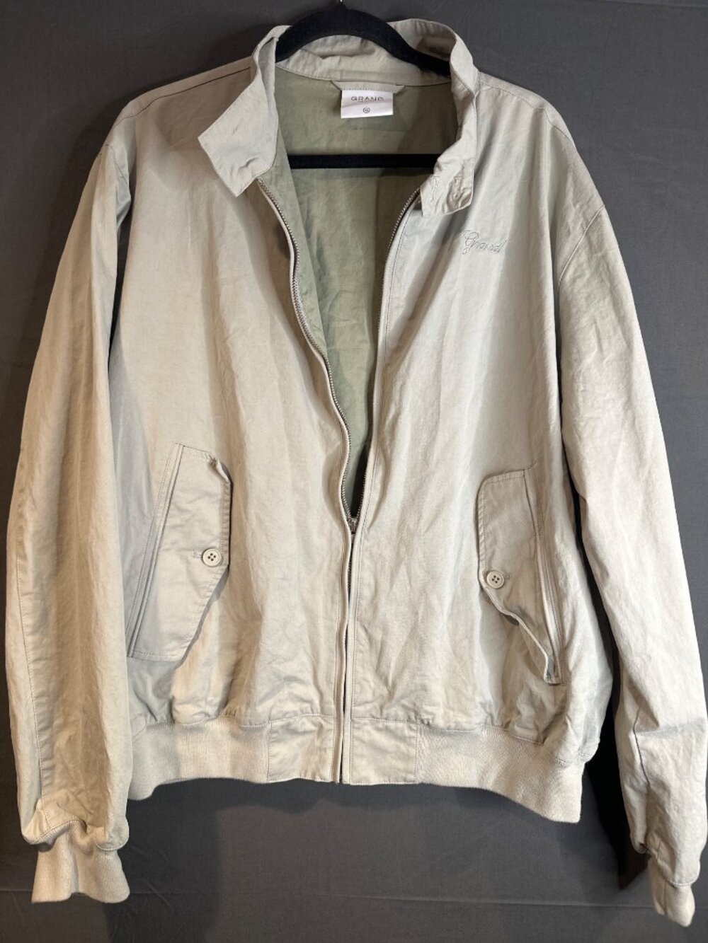 Grand Collection Mens XL Cotton Bomber Jacket Cream 90s Dadcore Preppy Golf